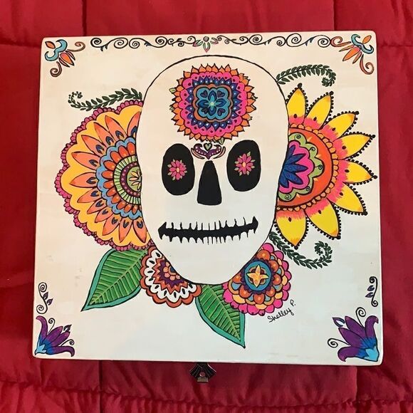 Sugar Skull Hinged Box Hand Painted Day of the Dead - Picture 1 of 6